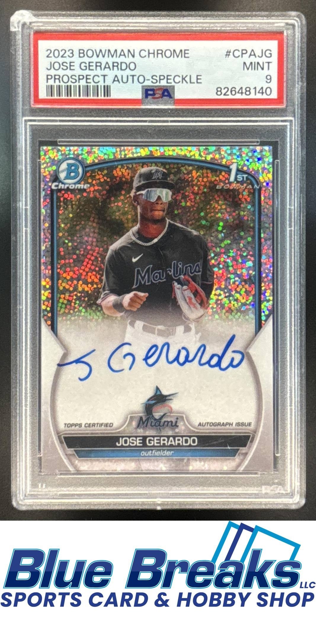 2023 Bowman Chrome Jose Gerardo #CPA-JG Auto Speckle Refractor 91/299 1st Prospect PSA 9 baseball Marlins