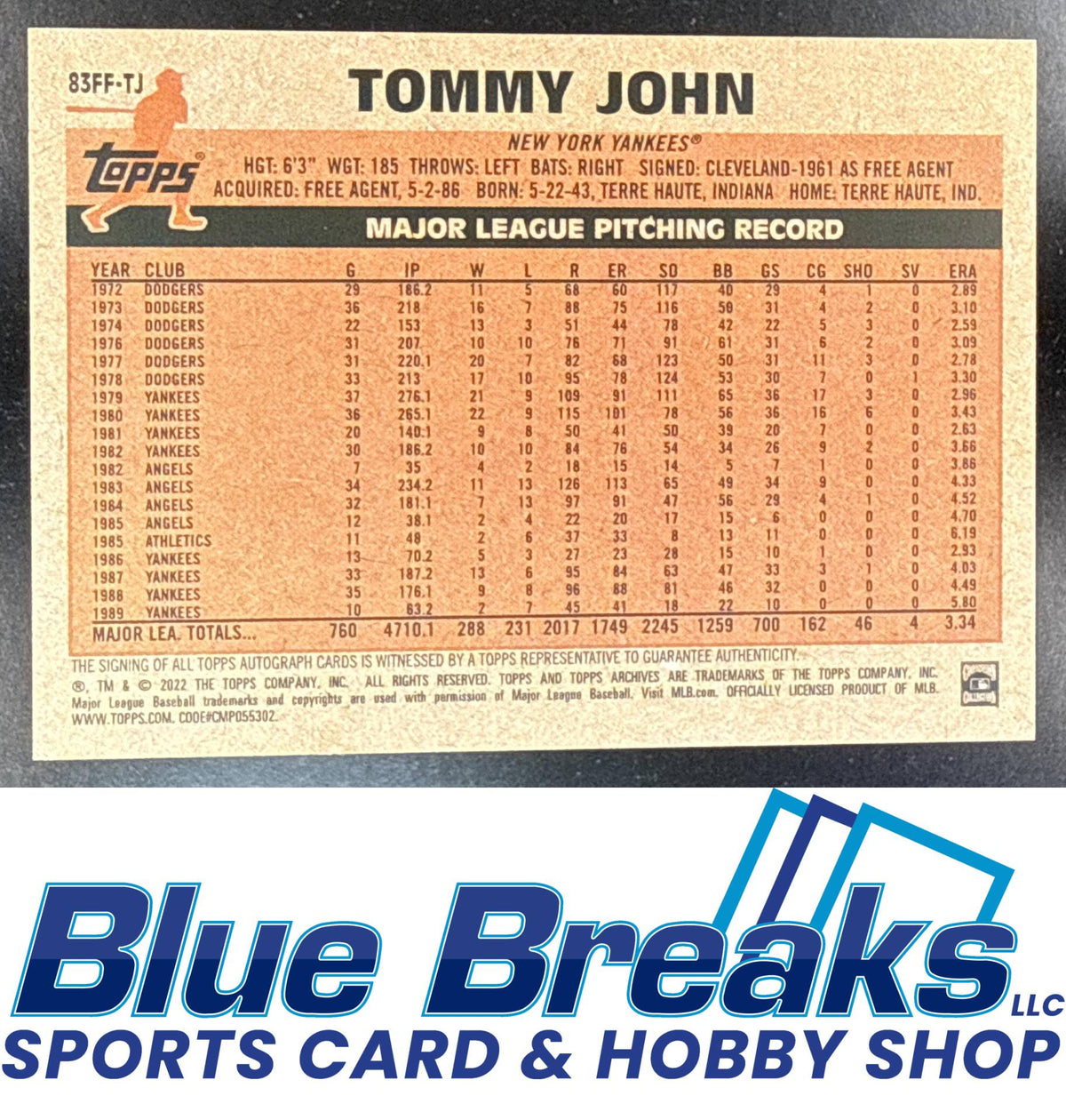 2022 Topps Archives Fan Favorites Auto Tommy John [RC] #83FF-TJ New York Yankees