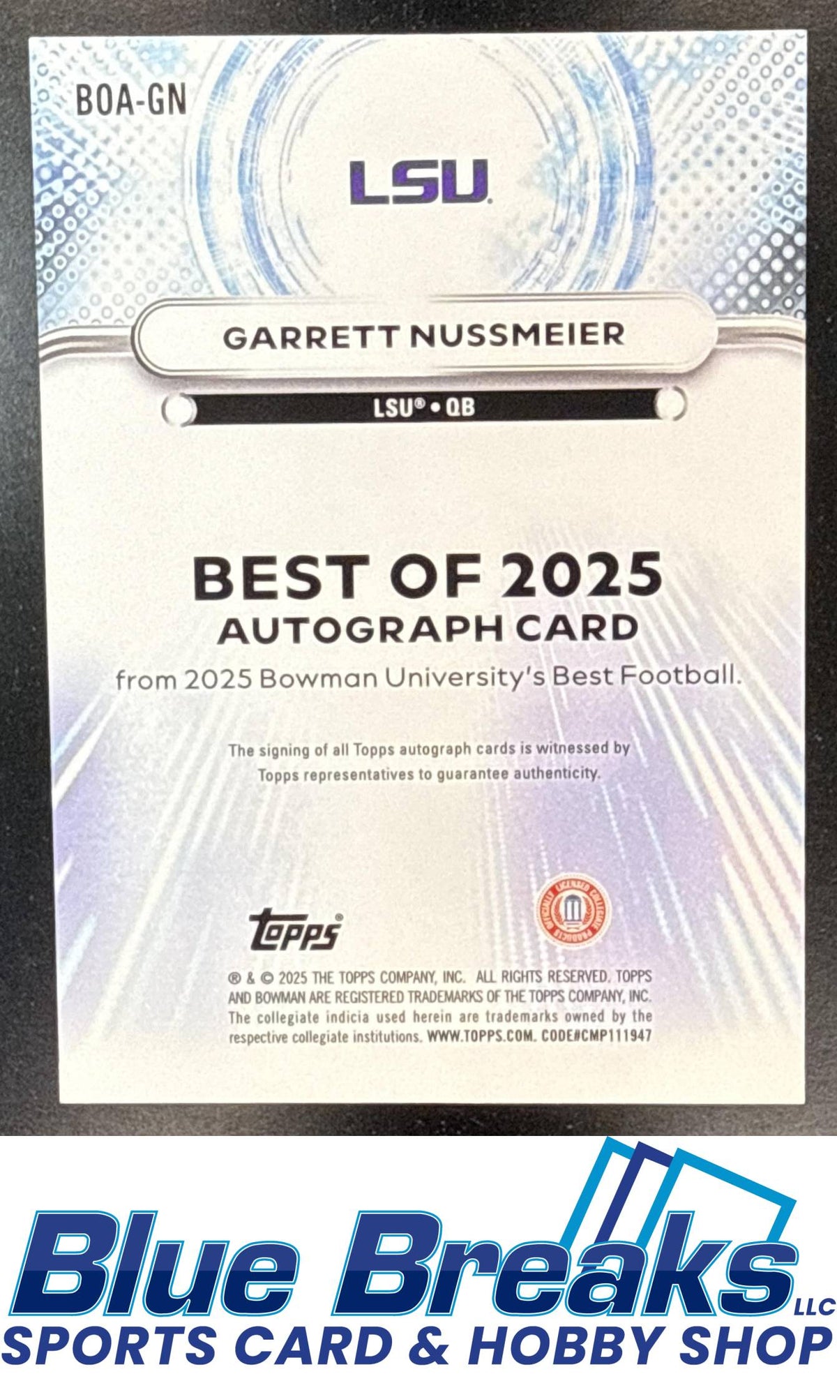 2025 Bowman Best University Garrett Nussmeier #BOA-GN The Best of 2025 Auto Green Mini-Diamond Refractor 02/99 Louisiana State University Kansas City Chiefs