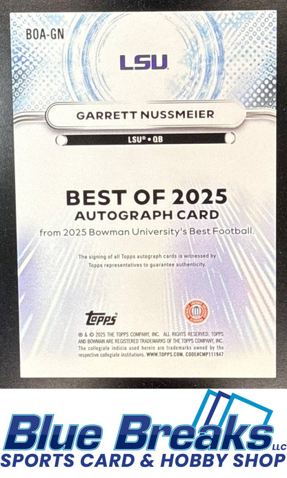 2025 Bowman Best University Garrett Nussmeier #BOA-GN The Best of 2025 Auto Green Mini-Diamond Refractor 02/99 Louisiana State University Kansas City Chiefs