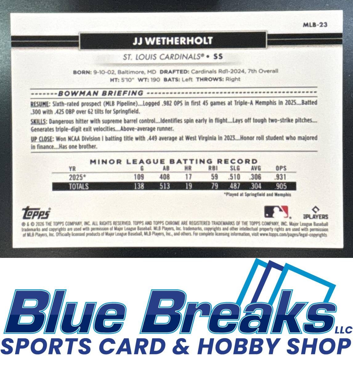 2026 Topps Chrome NSCC Collection JJ Wetherholt #MLB-23 Red Raywave 2/5 RC St. Louis Cardinals