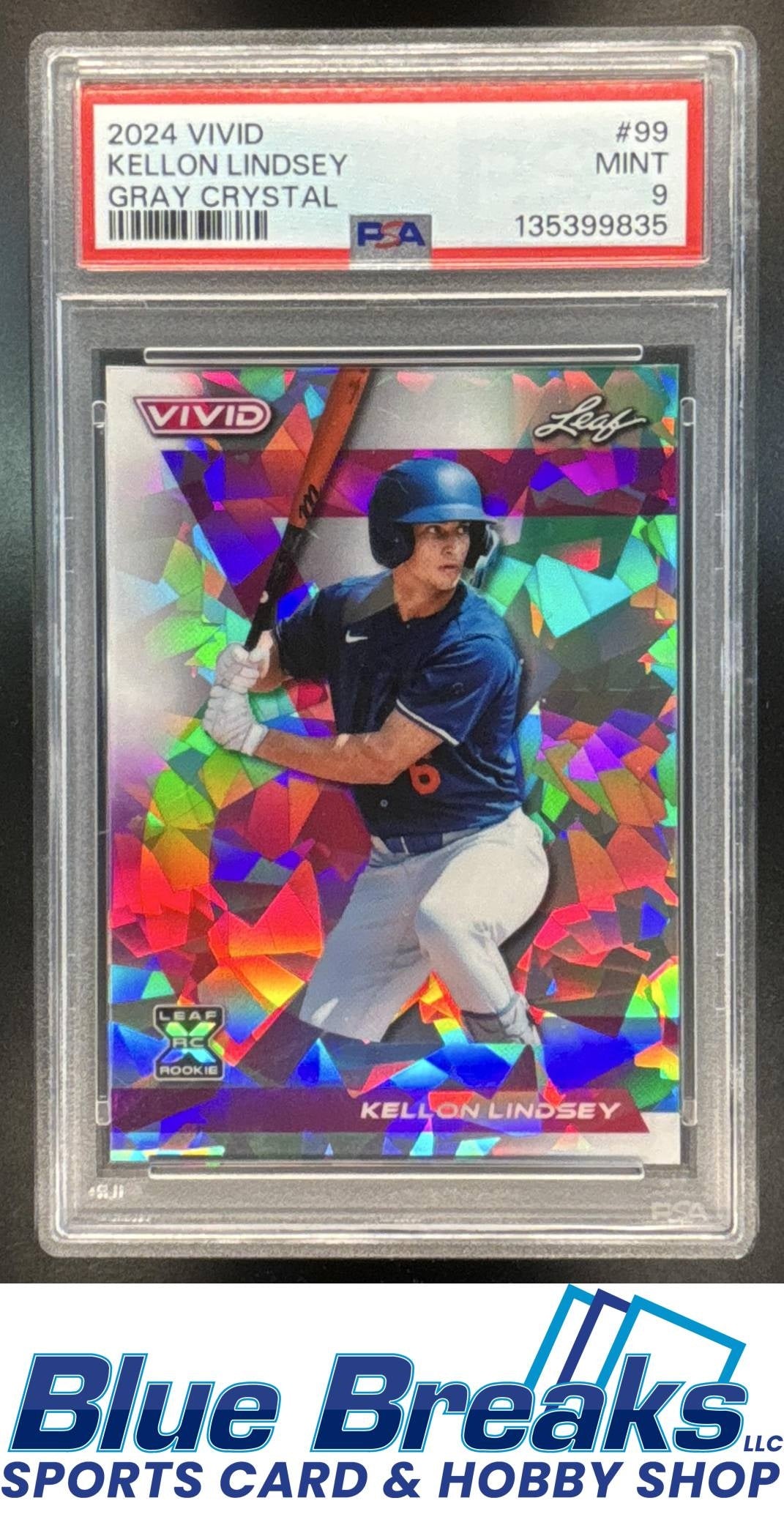 2024 Leaf Vivid Crystal Grey Kellon Lindsey 3/9 Rookie #99 XRC PSA 9 Los Angeles Dodgers