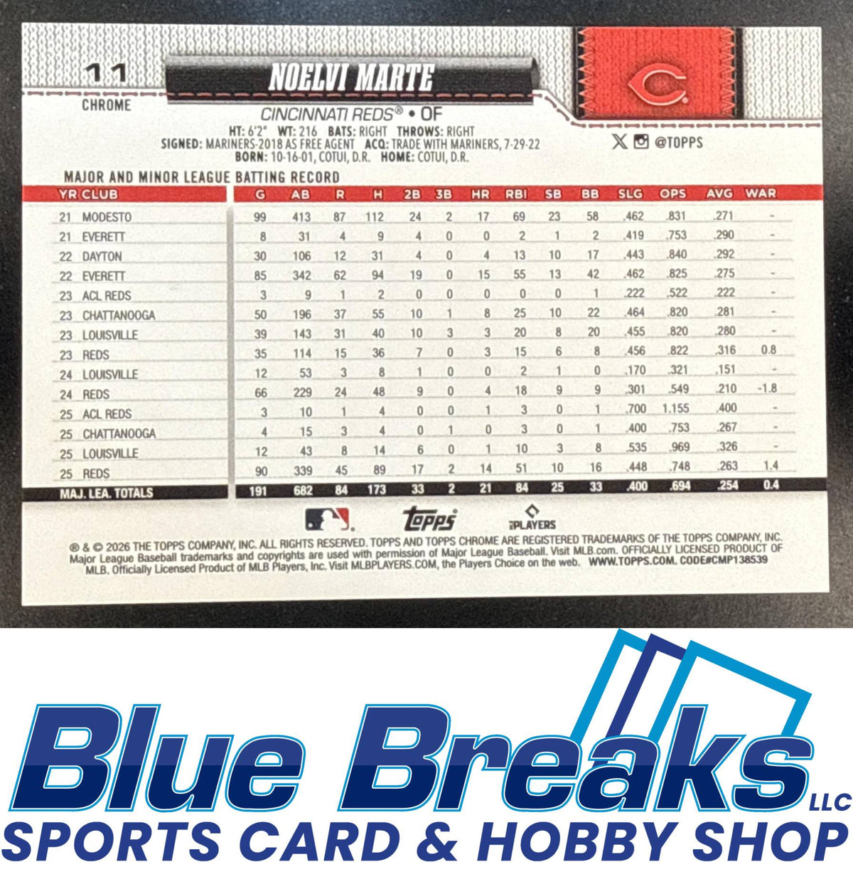2026 Topps Chrome Noelvi Marte #11 Black Raywave Refractor 02/10 Cincinnati Reds