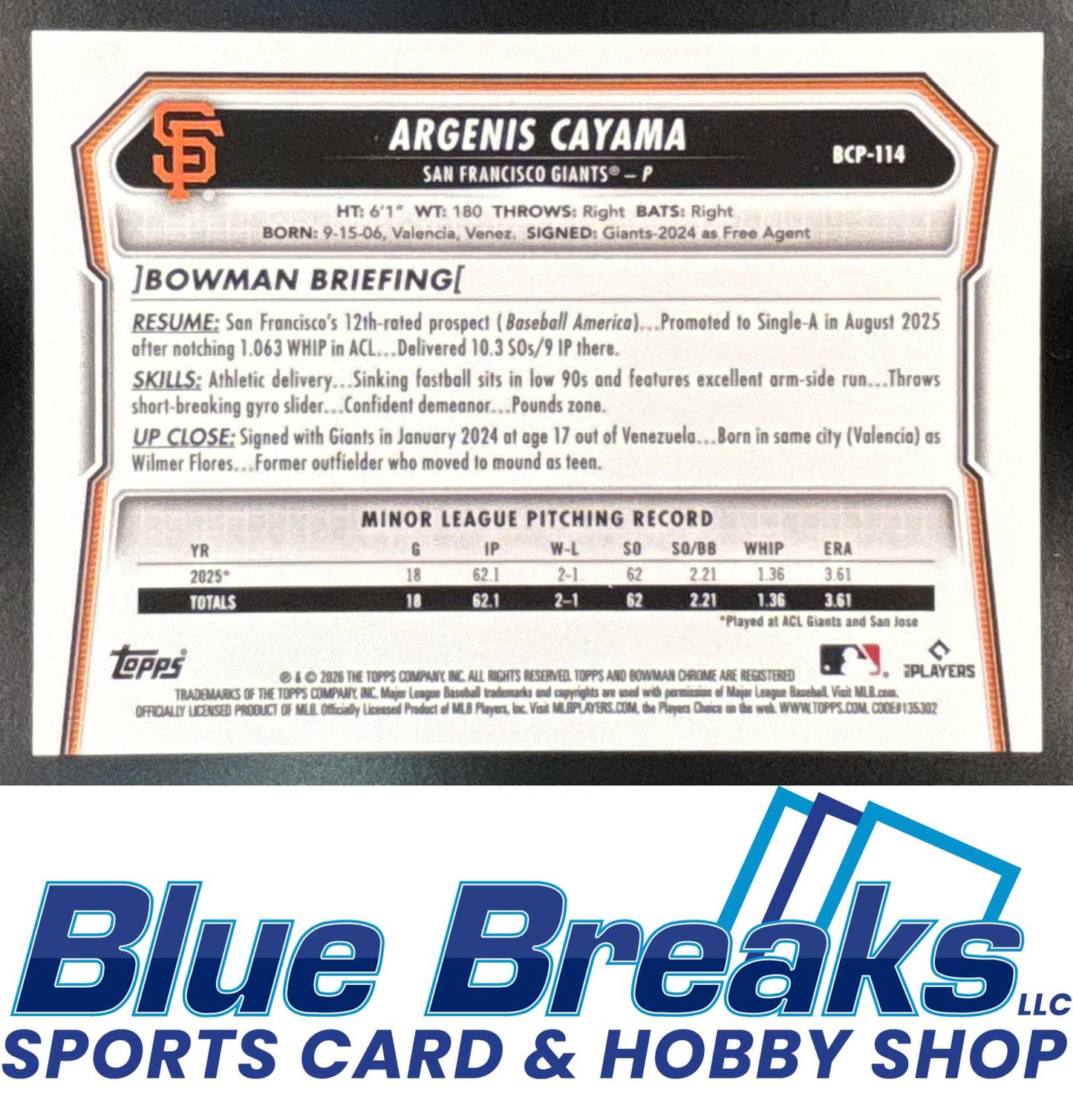 2026 Bowman Argenis Cayama #BCP-114 Chrome Reptilian Green Refractor 03/99 1st Prospect San Francisco Giants