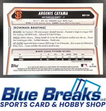 2026 Bowman Argenis Cayama #BCP-114 Chrome Reptilian Green Refractor 03/99 1st Prospect San Francisco Giants