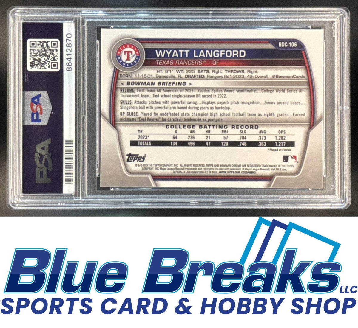 2023 Bowman Chrome Wyatt Langford #BDC-106 1st Prospect PSA 10 baseball Rangers
