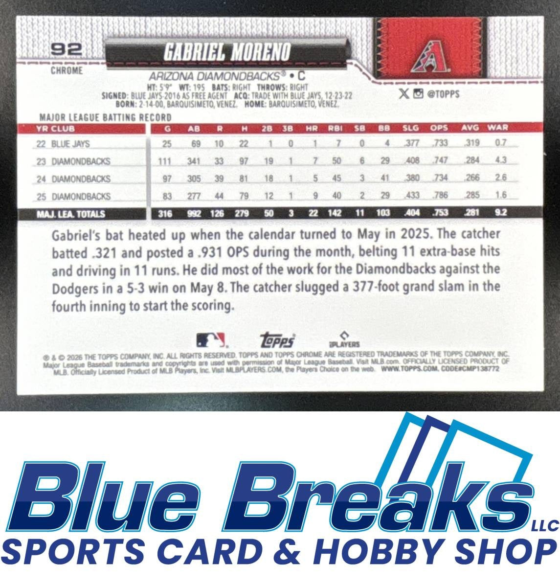 2026 Topps Chrome Gabriel Moreno [RC] #92 Arizona Diamondbacks