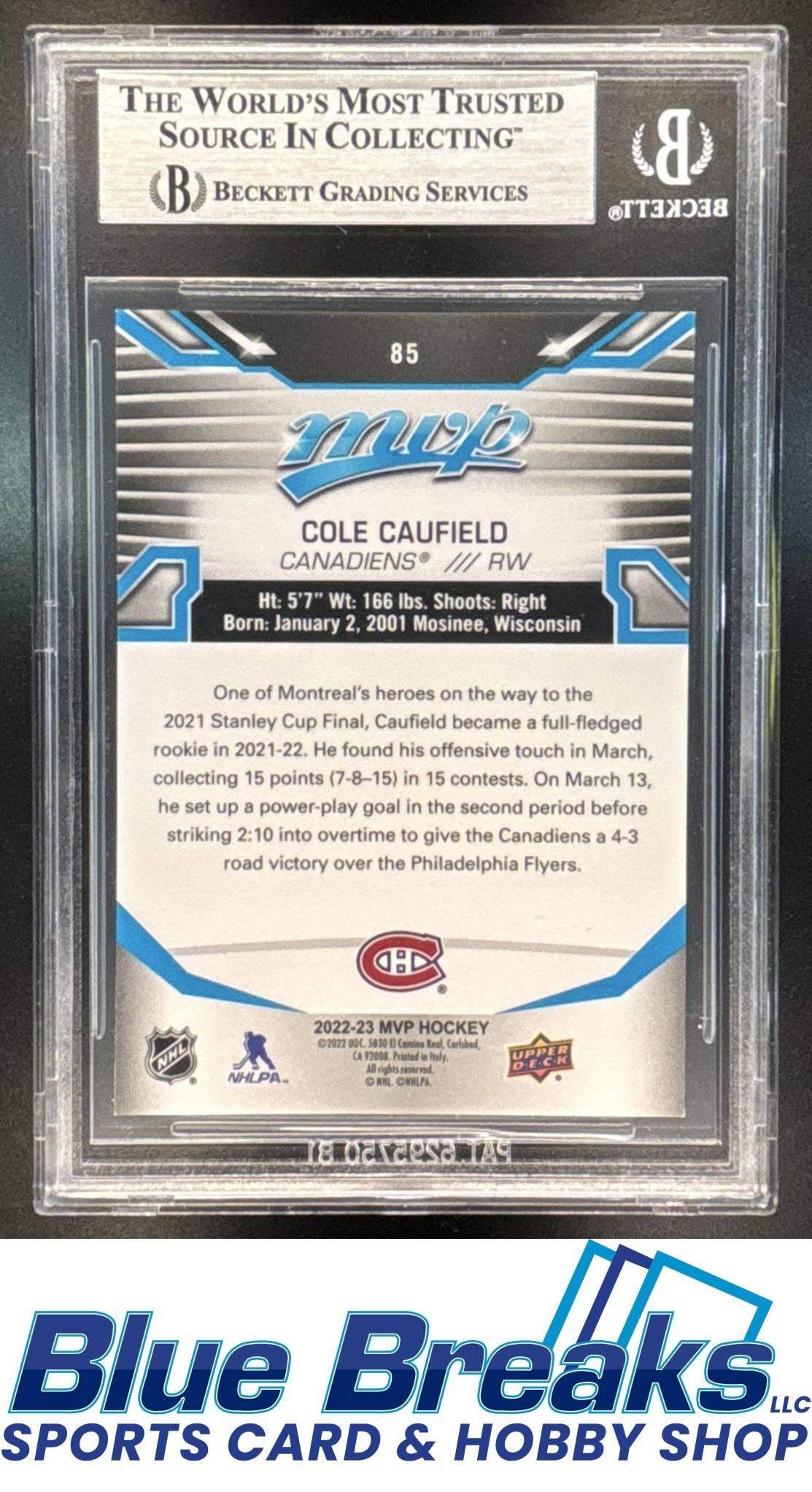 2022-23 Upper Deck MVP Auto Cole Caufield Beckett Authentic #85 Ice Hockey Canadiens