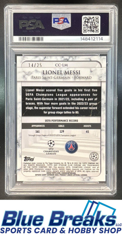 2022 Topps Stadium Club Chrome UEFA Champions League Lionel Messi #CC-LM Orange Wave Refractor 14/25 PSA 9 Paris Saint-Germain