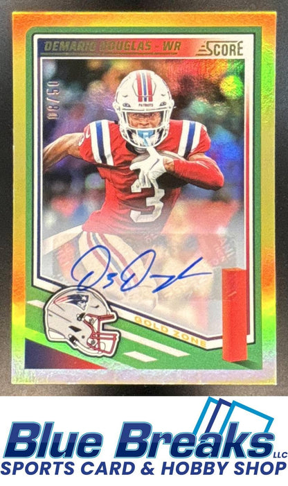 2025 Panini Score Demario Douglas #163 Signatures Gold Zone /50 Auto Patriots