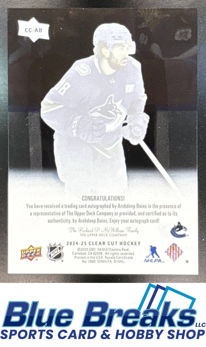 2024-25 Upper Deck Clear Cut Arshdeep Bains RC #CC-AB Auto Vancouver Canucks
