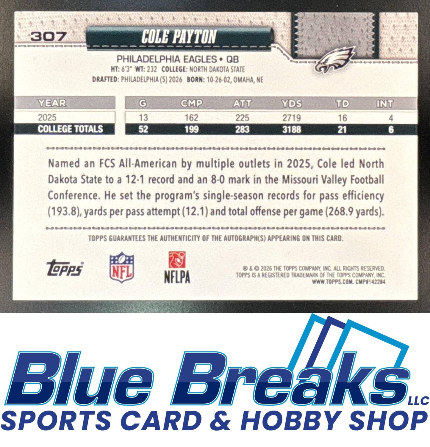 2026 Topps Real One Auto Cole Payton RC #307 SSP Philadelphia Eagles