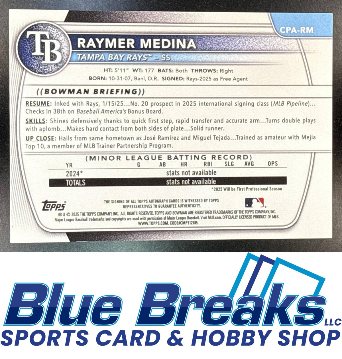 2025 Bowman Chrome Raymer Medina #CPA-RM Auto Gold Refractor 43/50 1st Prospect Tampa Bay Rays