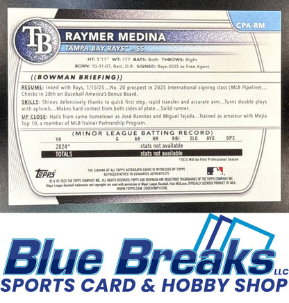 2025 Bowman Chrome Raymer Medina #CPA-RM Auto Gold Refractor 43/50 1st Prospect Tampa Bay Rays
