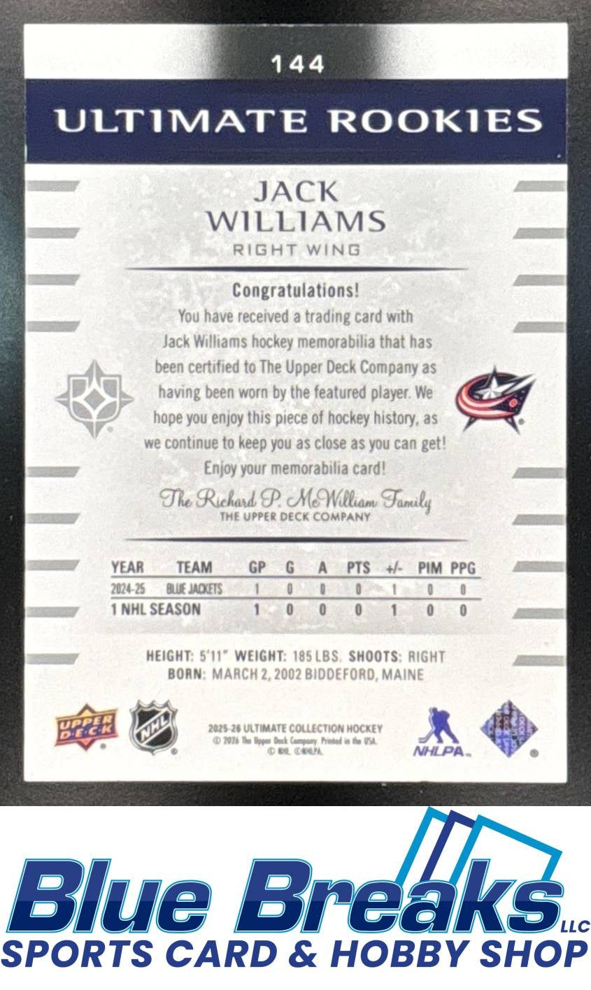 2025 Upper Deck Ultimate Collection Jack Williams #144 Rookies Jersey 356/499 Relic RC