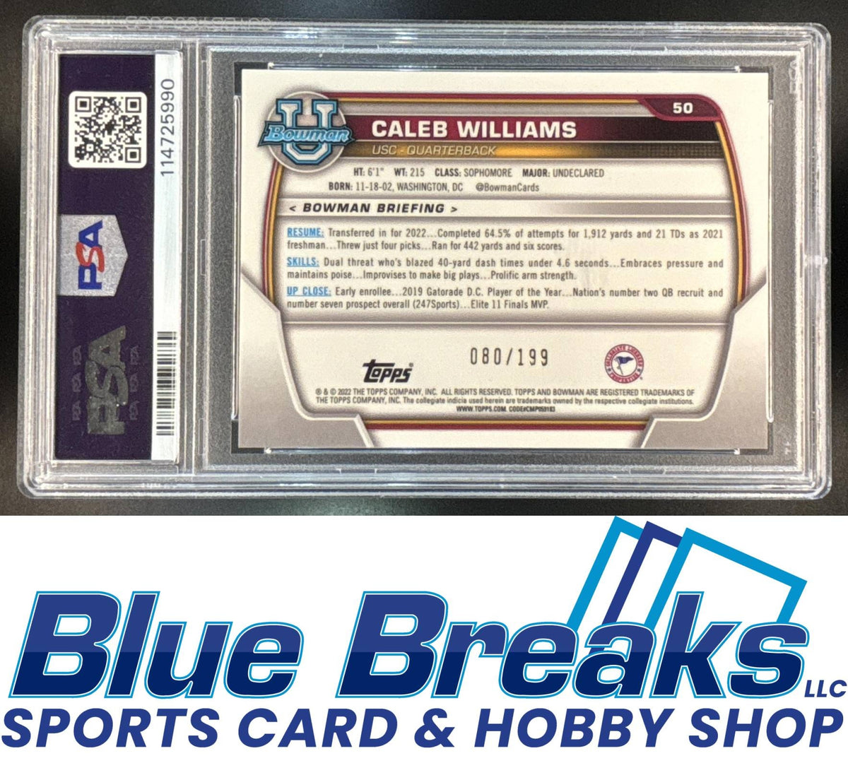 2022 Bowman University Chrome Caleb Williams #50 Blue Refractor /199 PSA 9
