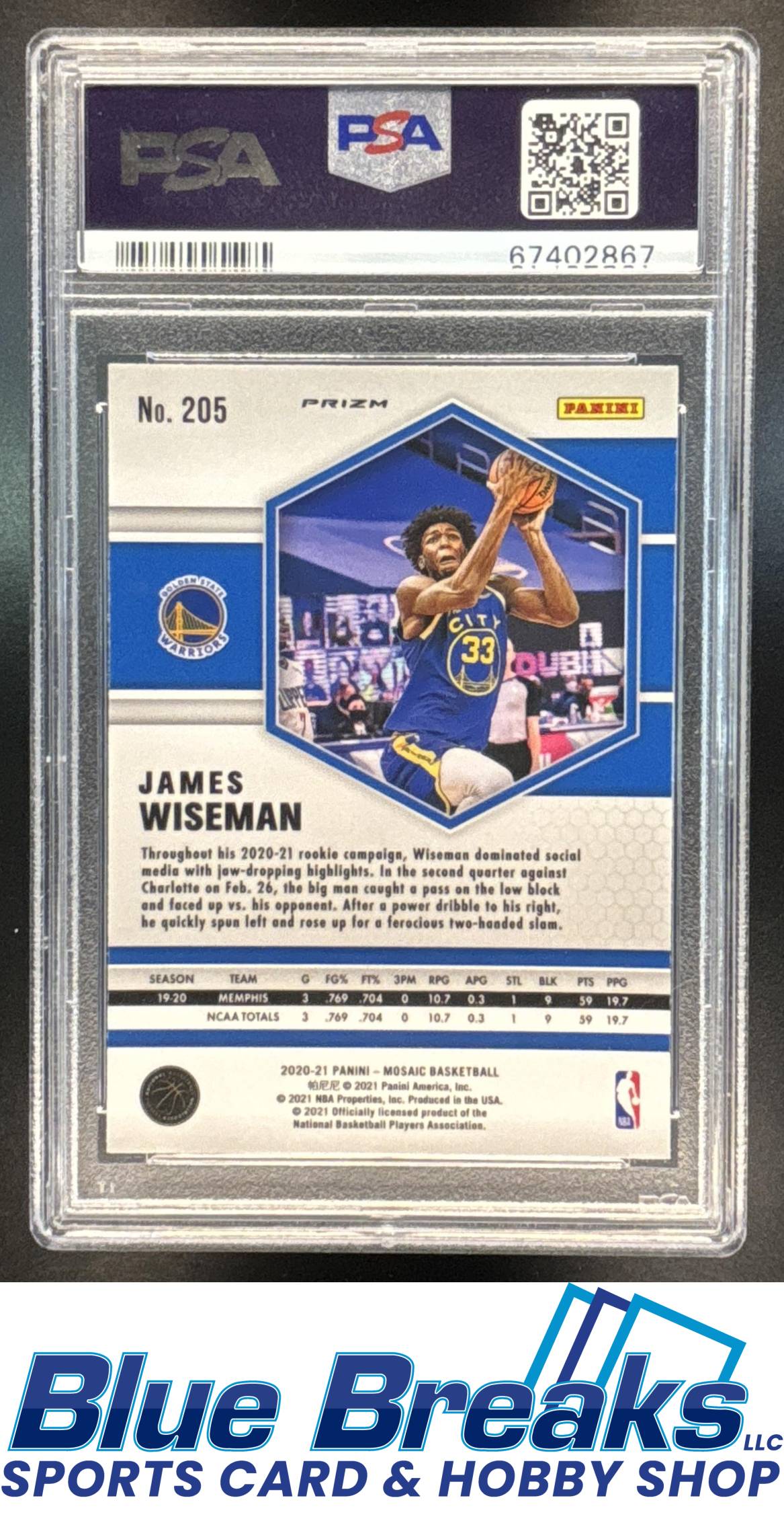 2020 Panini Mosaic James Wiseman #205 Fast Break Silver RC PSA 10 Golden State Warriors
