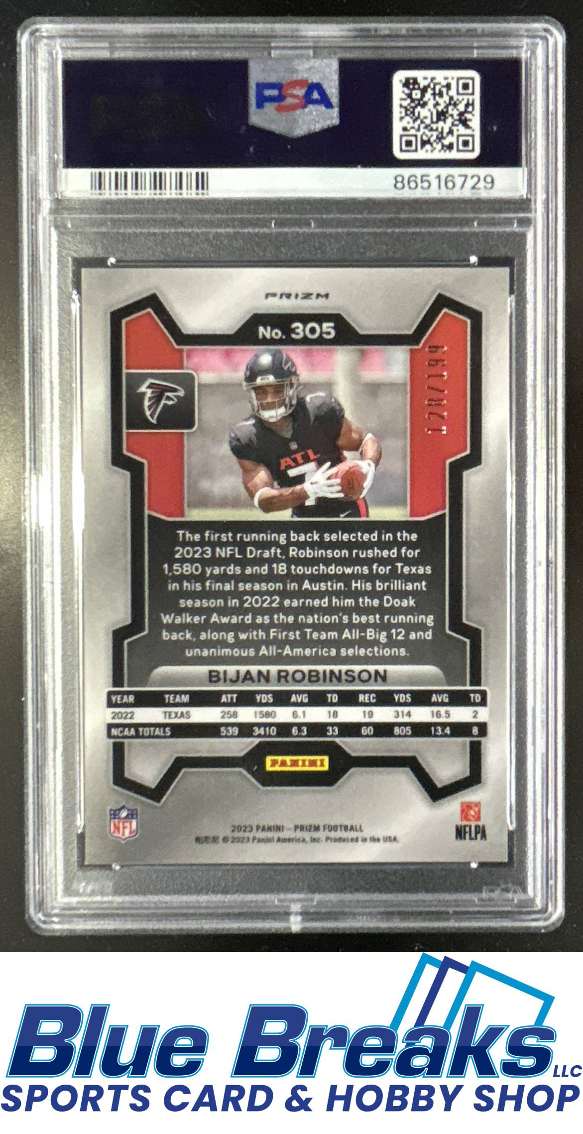 2023 Panini Prizm Bijan Robinson #305 Blue Wave 120/199 RC PSA 9 Atlanta Falcons