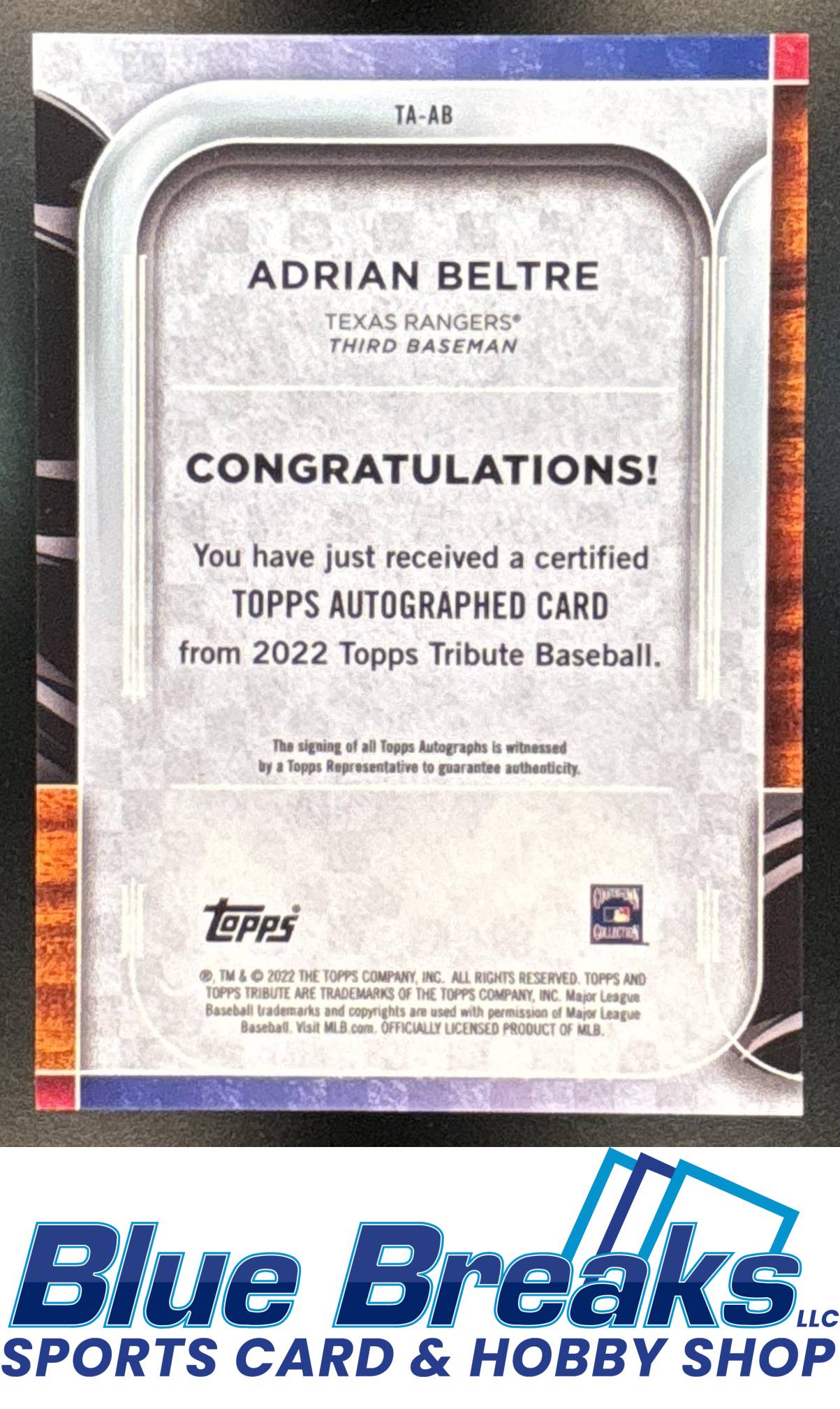 2022 Topps Tribute Auto Orange Adrian Beltre 12/25 #TA-AB Texas Rangers