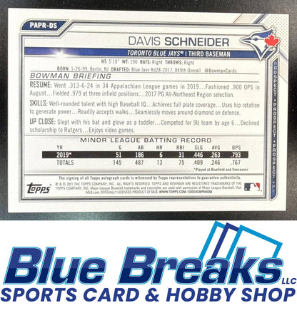 2021 Bowman Auto Davis Schneider [RC] #PAPR-DS 1st Prospect Toronto Blue Jays
