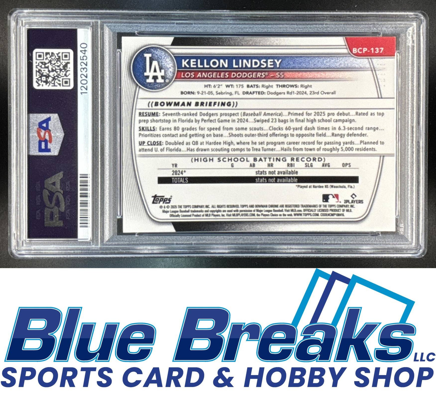 2025 Bowman Kellon Lindsey #BCP-137 Chrome Prospects Fuchsia Wave Refractor 022/199 PSA 10 Los Angeles Dodgers