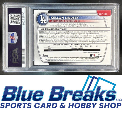 2025 Bowman Kellon Lindsey #BCP-137 Chrome Prospects Fuchsia Wave Refractor 022/199 PSA 10 Los Angeles Dodgers