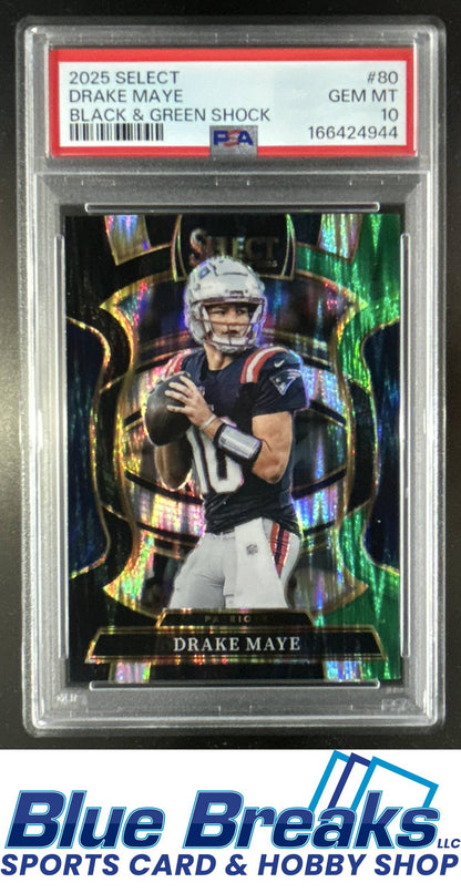 2025 Panini Select Drake Maye #80 Concourse Black and Green Prizm Shock PSA 10 New England Patriots