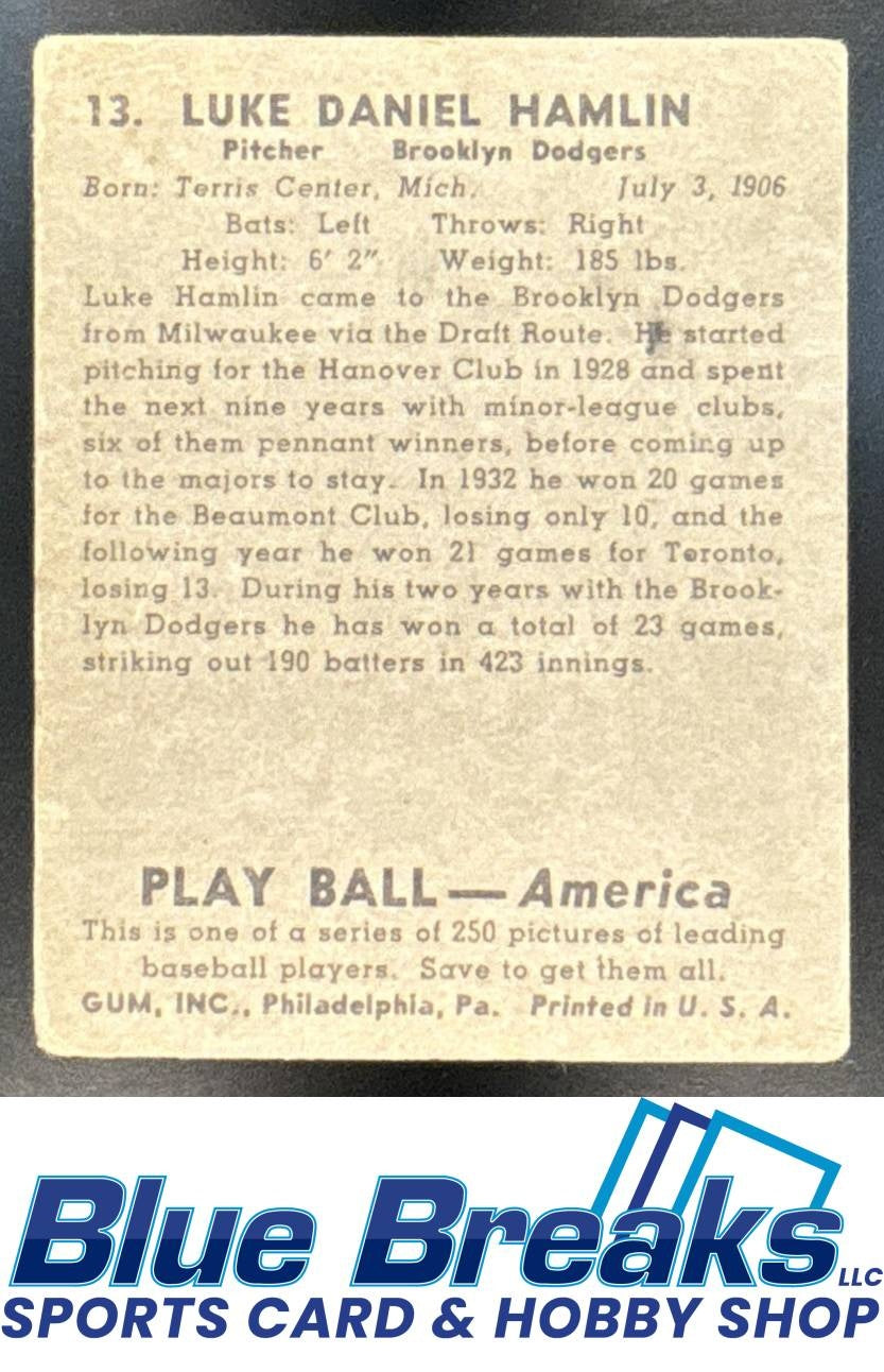 1939 Play Ball Luke Daniel Hamlin #13 Dodgers