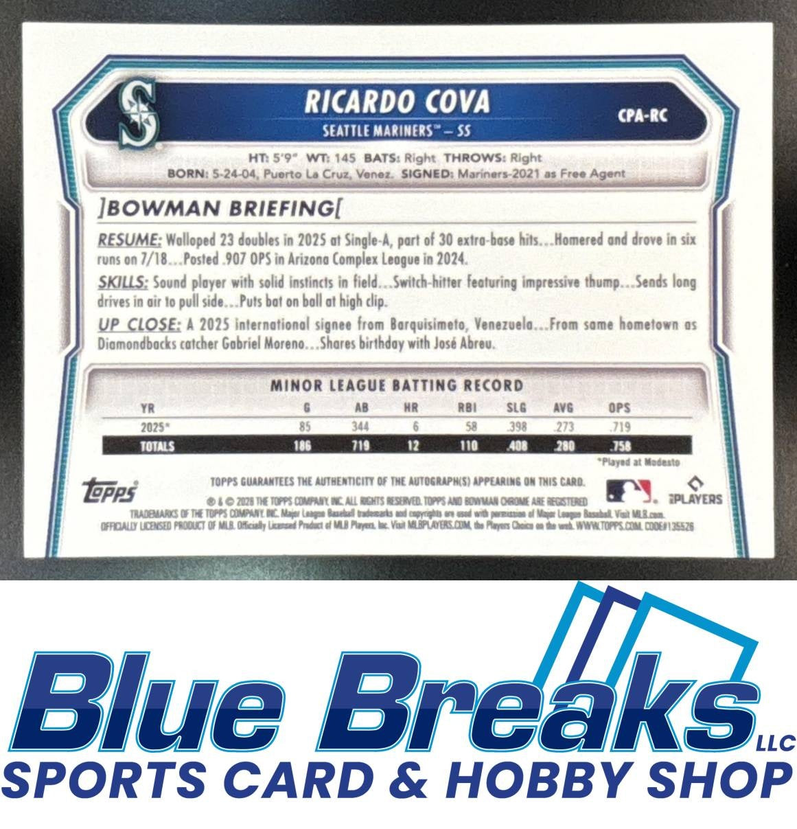 2026 Bowman Ricardo Cova #CPA-RC Chrome Auto Pop Corn Refractor 5/5 1st Prospect Mariners