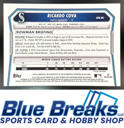 2026 Bowman Ricardo Cova #CPA-RC Chrome Auto Pop Corn Refractor 5/5 1st Prospect Mariners