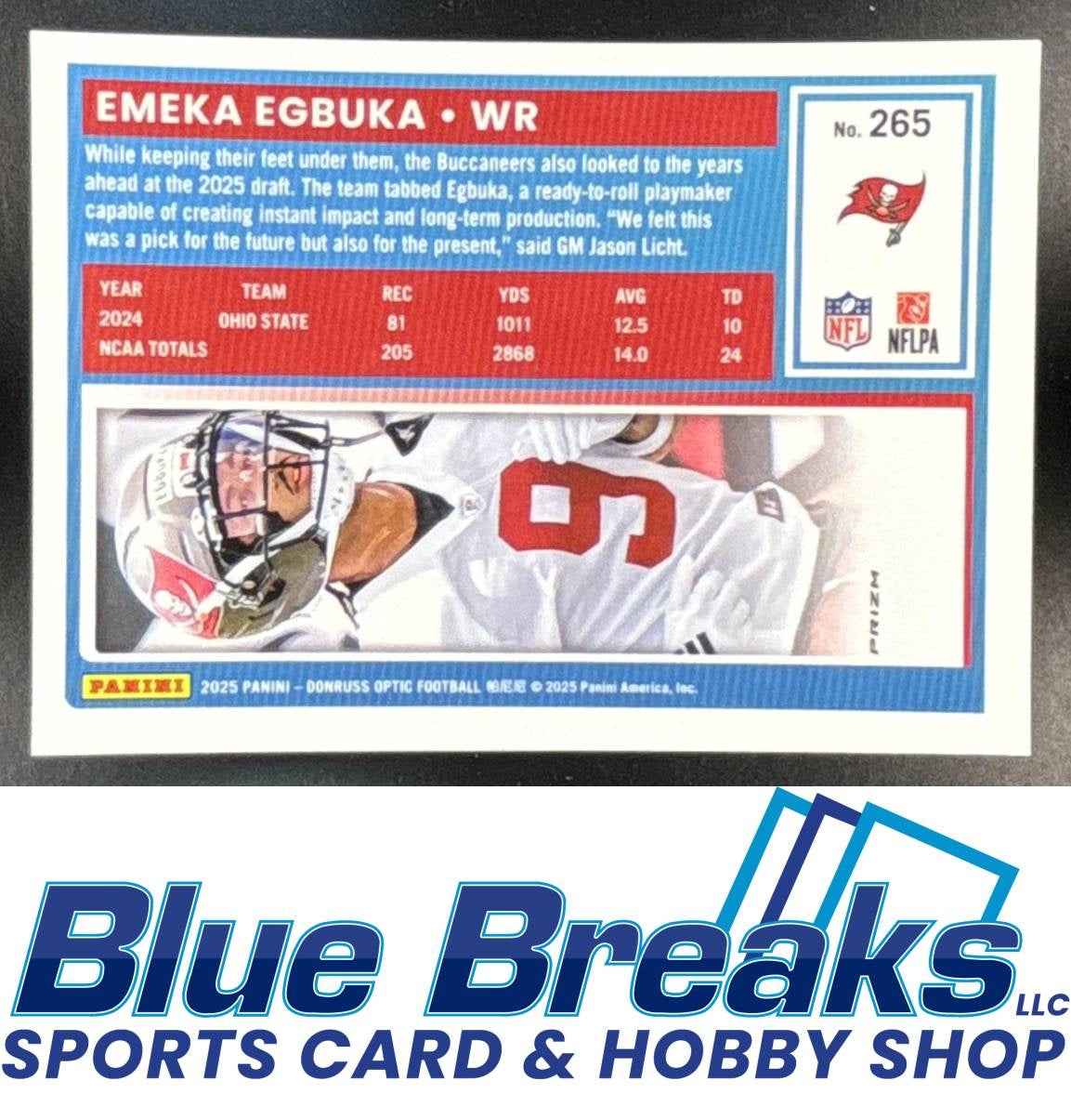 2025 Panini Donruss Optic Emeka Egbuka #265 Rated RC Blue Hyper Prizm