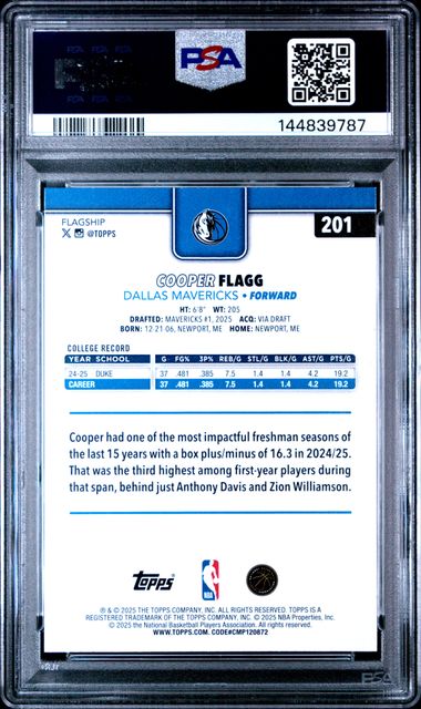 2025 Topps - Flagship - Cooper Flagg - RC - #201 - PSA 9 - basketball - Mavericks