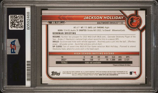 2022 Bowman - Draft 1st Edition - 1st Bowman - Jackson Holliday - PSA10 - #168 - Baseball- Orioles
