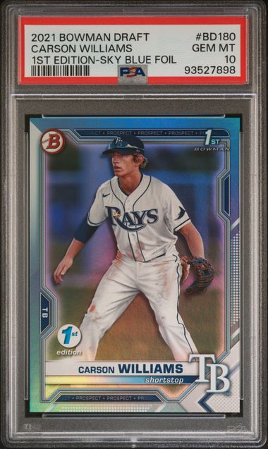 2021 Topps Bowman Draft - 1st Edition-Sky Blue Foil - Carson Williams - #BD-180 - PSA 10 - Baseball - Rays