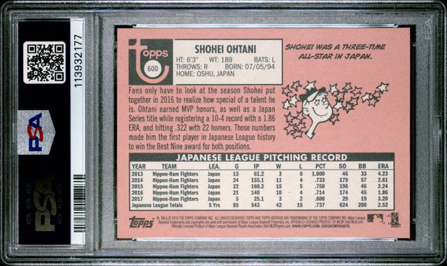 2018 Topps Heritage - Rookie Card - Shohei Ohtani - #600 - PSA 10 - Baseball - Angels