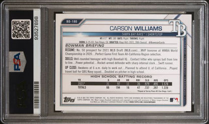 2021 Topps Bowman Draft - 1st Edition-Sky Blue Foil - Carson Williams - #BD-180 - PSA 10 - Baseball - Rays