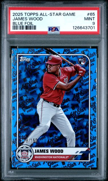 2025 Topps - All-Star Game - blue foil - James Wood - 118/150 - RC - #65 - PSA 9 - baseball - Nationals