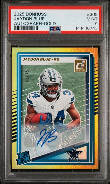 2025 Panini - Donruss - gold - Rated Rookie - Jaydon Blue - auto - 09/25 - #308 - PSA 9 - football - Cowboys