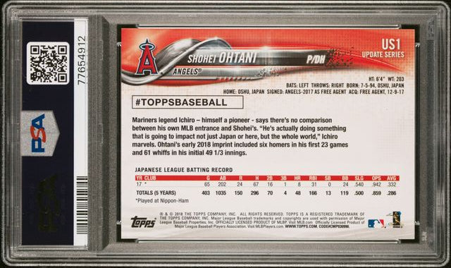 2018 Topps - Update - Pitching in Red Jersey - Shohei Ohtani - RC - #US1 - PSA 9 - baseball - Angels