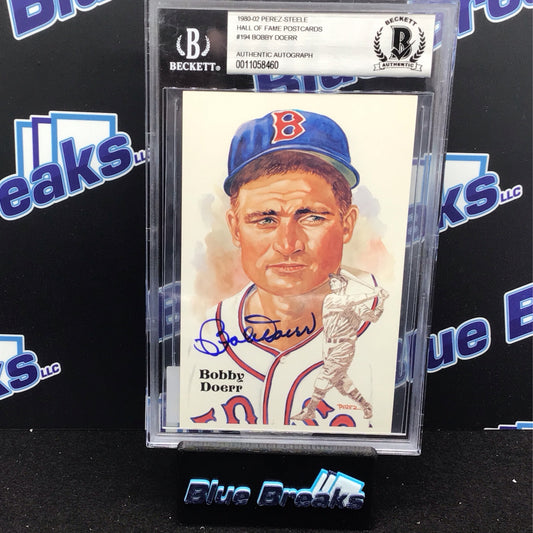 1980-02 Perez Steele - Hall of Fame Postcards - Bobby Doerr - Signed - Boston Red Sox - Beckett - 1206/10000