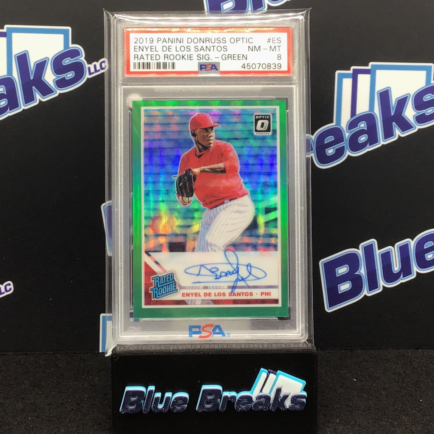2019 Panini Donruss Optic Green Rated Rook Enyel De Los Santos auto 3/5 #RRS-ES PSA 8 Phillies
