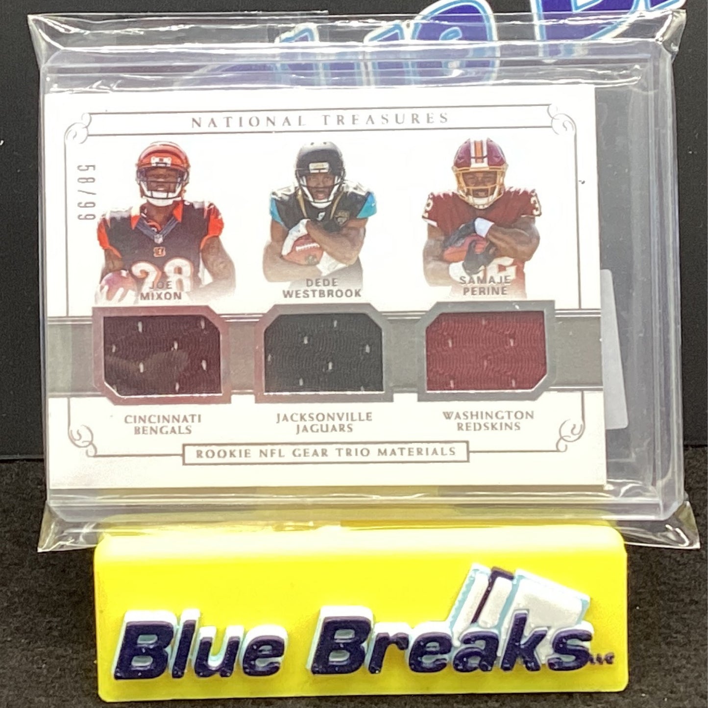 2017 Panini National Treasures Rookie NFL gear trio materials - Joe Mixon - Dede Westbrook - Samaje Perine - 58/99