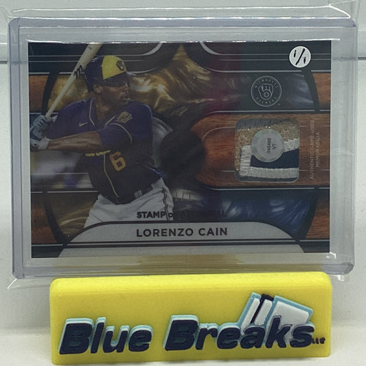 2022 Tribute Stamp of Approval relic - Lorenzo Cain 1/1 #SOA-LC Brewers