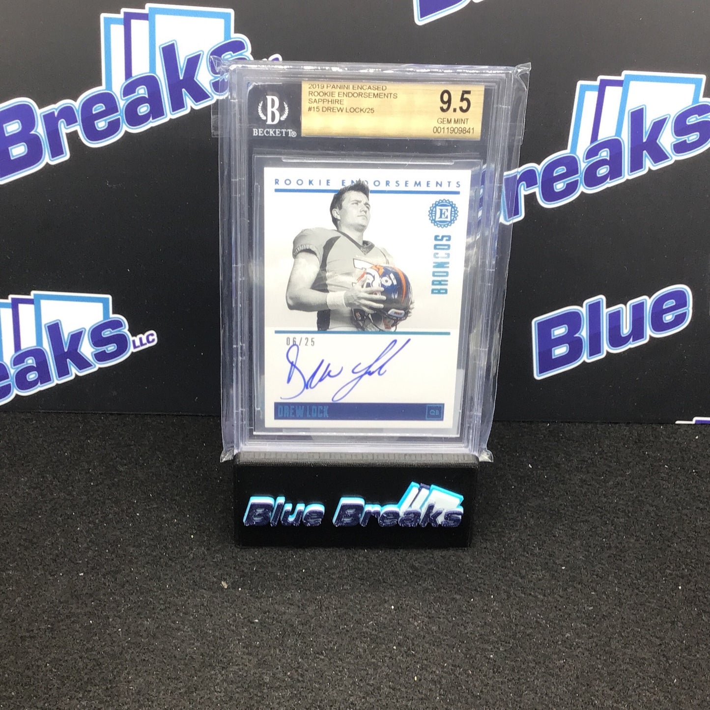 2019 Panini Encased - Drew Lock - Sapphire Rookie Endorsements - 15 - 6/25 - Denver Broncos - Beckett 9.5