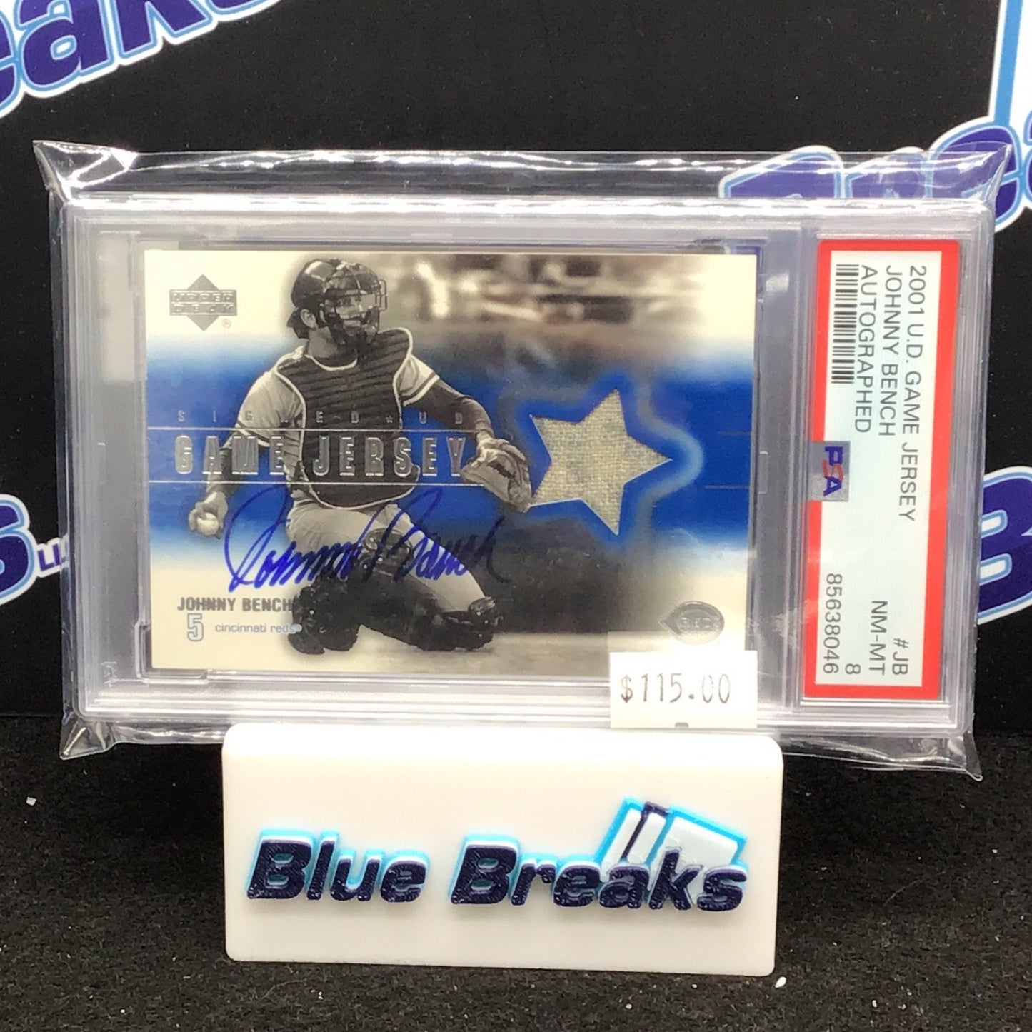 2001 Upper Deck Game Jersey Johnny Bench auto #JB PSA 8 Reds