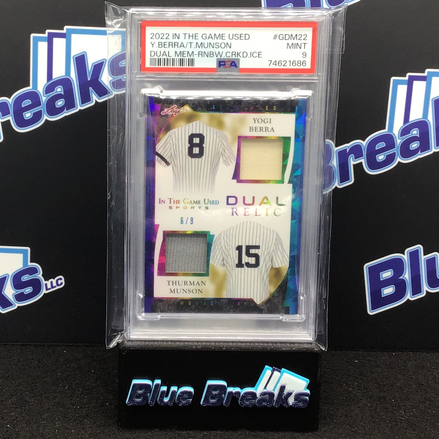 2022 - Leaf - In The Game Used - Yogi Berra & Thurman Munson - New York Yankees - 6/9 - Dual Mem - Rainbow Cracked Ice - PSA 9