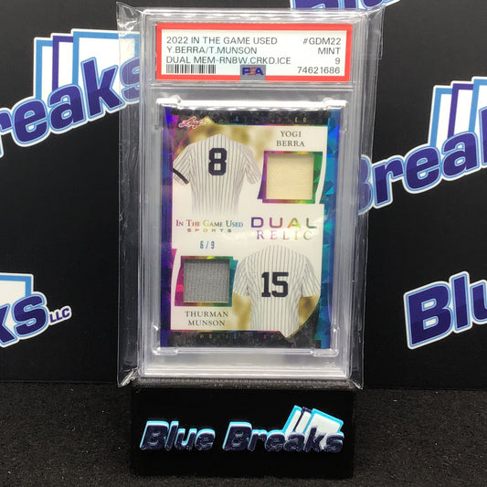 2022 - Leaf - In The Game Used - Yogi Berra & Thurman Munson - New York Yankees - 6/9 - Dual Mem - Rainbow Cracked Ice - PSA 9