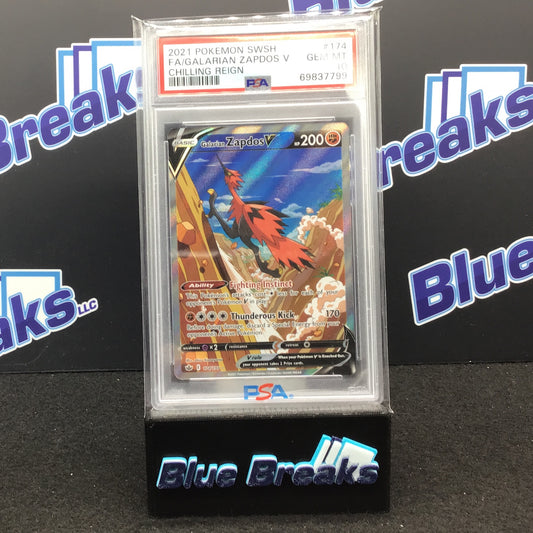 2021 Pokémon Swoosh - Full Art - Galarian Zapdos V - Chilling Reign - PSA 10
