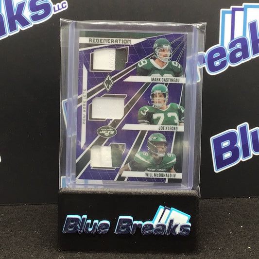 2023 Panini Phoenix Blue Regeneration Gastineau Klecko McDonald IV triple relic 10/25 #REG-9 Jets