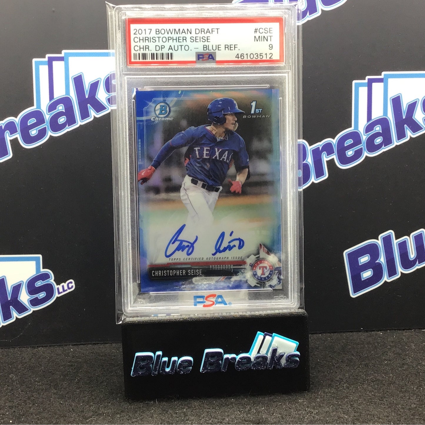 2017 Bowman Chrome Draft Blue Refractor Christopher Seise 026/150 #CDA-CSE PSA 9 Rangers